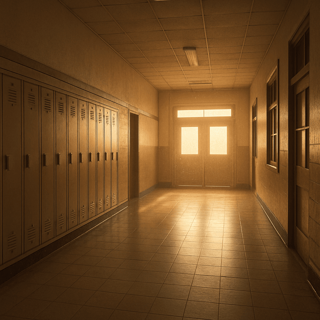 A quiet school hallway washed in morning light, dust drifting like memory