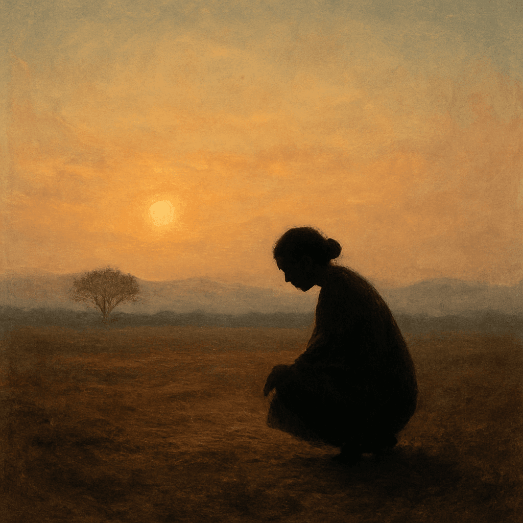 A quiet figure near the earth at dusk, softened by warm light and open space