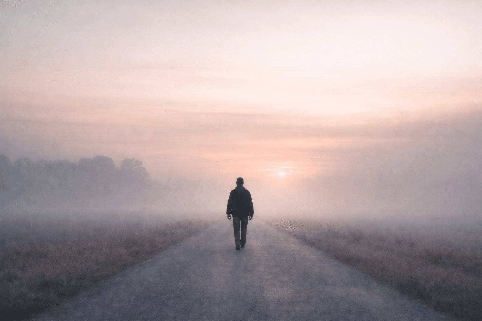 A solitary figure walking along a quiet road at dawn, fading into soft fog with a faint light on the horizon