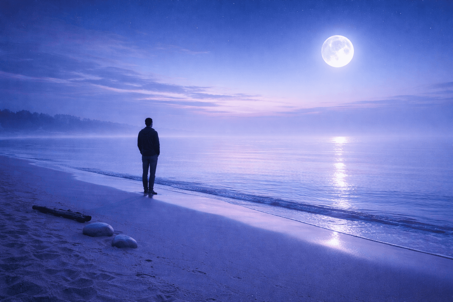 A solitary figure standing at an indigo shoreline under a calm moon, facing still water at twilight