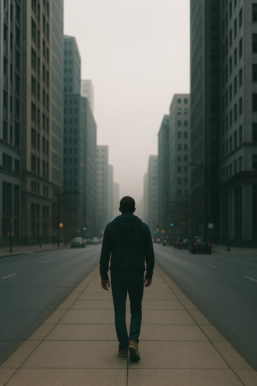Silhouette of a man walking through a city street in soft evening light