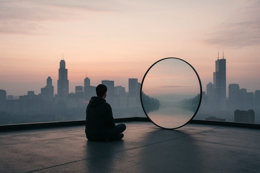 Person on a rooftop at dawn facing a round mirror that reflects a tranquil lake, with a hazy city skyline behind